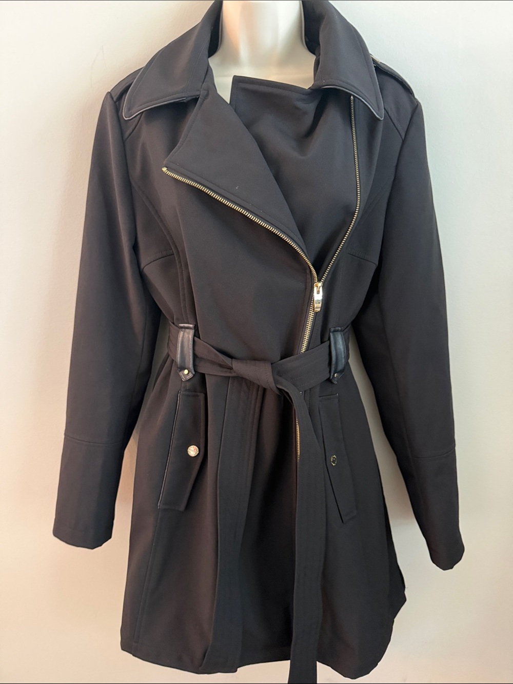 Via Spiga Black Belted Trench Coat with Gold Zip Details